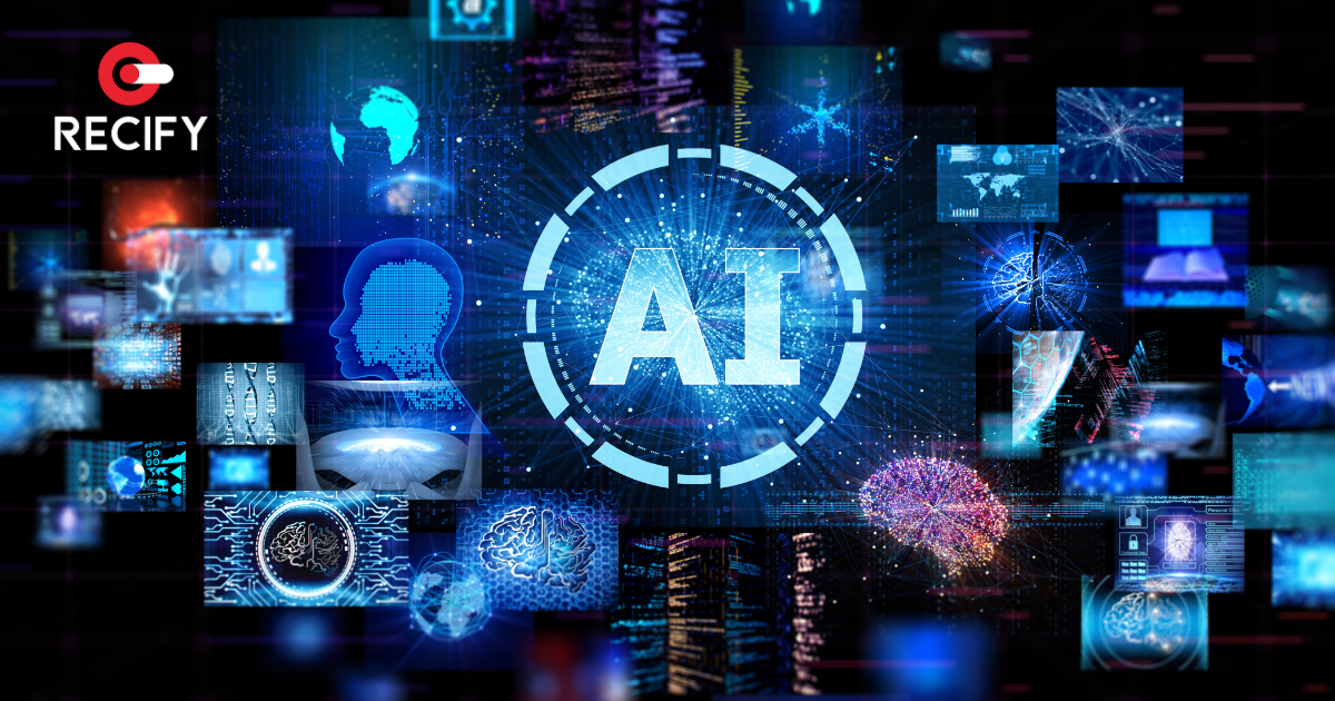 Ilustração tecnológica com o termo AI no centro, cercado por elementos digitais, hologramas de cérebro, redes neurais e interfaces futuristas, representando inteligência artificial. No canto superior esquerdo, o logotipo da Recify.